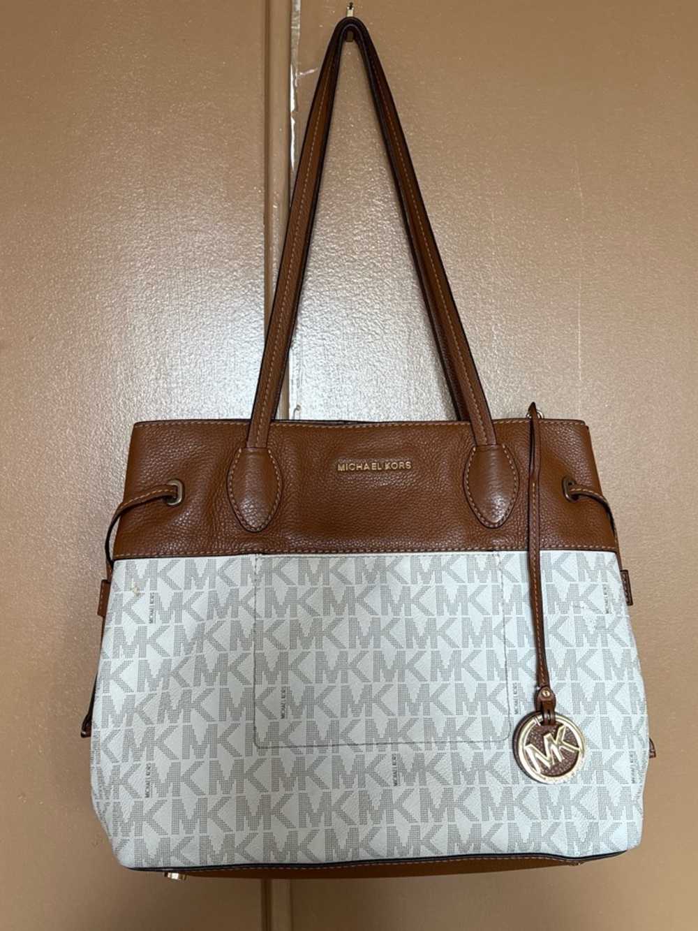 Michael Kors Tan and White MK Monogram Tote